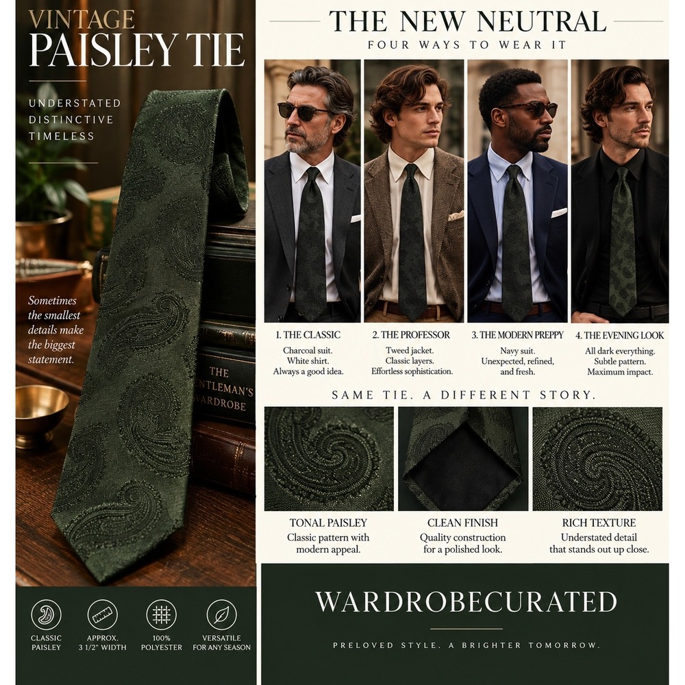 Vintage Mens Forest Green Paisley Tie 3.5" Tonal Woven Dark Academia Preppy